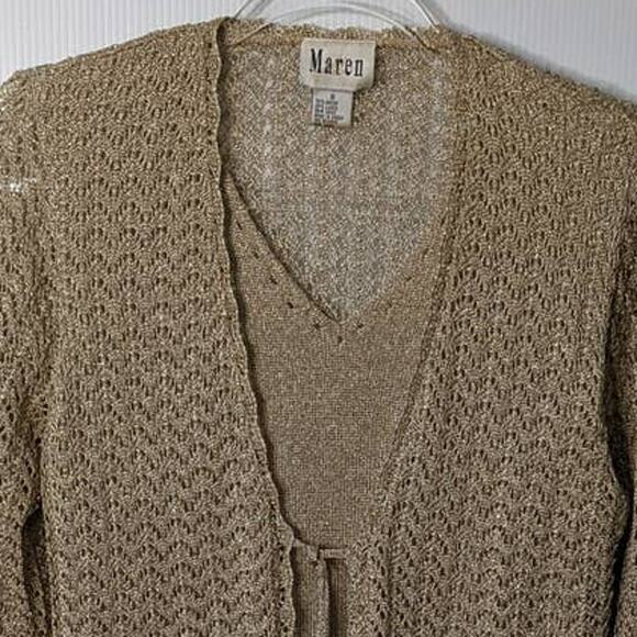 Vintage 80's Maren Gold Metallic Crochet V Neck Cardigan with Faux Two Piece - Picture 7 of 8